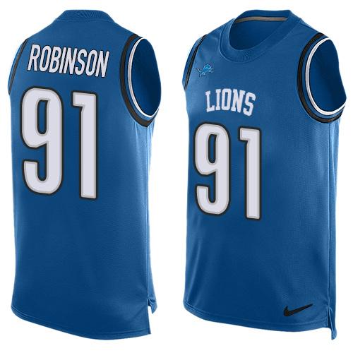Nike Lions #91 A'Shawn Robinson Blue Team Color Men's Stitched NFL Limited Tank Top Jersey - Click Image to Close